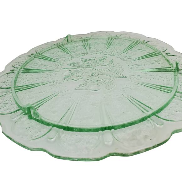 Jeannette Glass Green Depression 3-Footed Cake Plate Cherry Blossom Pattern Vtg - Picture 8 of 13